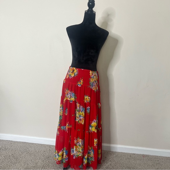 Lauren Ralph Lauren Black Label Red Floral Chiffon Full Maxi Skirt Sz M - Picture 2 of 9